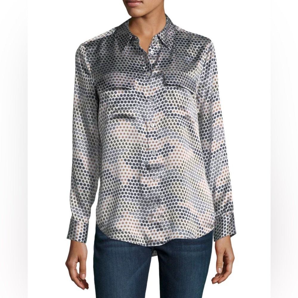 Equipment Silk Silver Navy & Brown Geo Pattern Button Down Shirt | Large